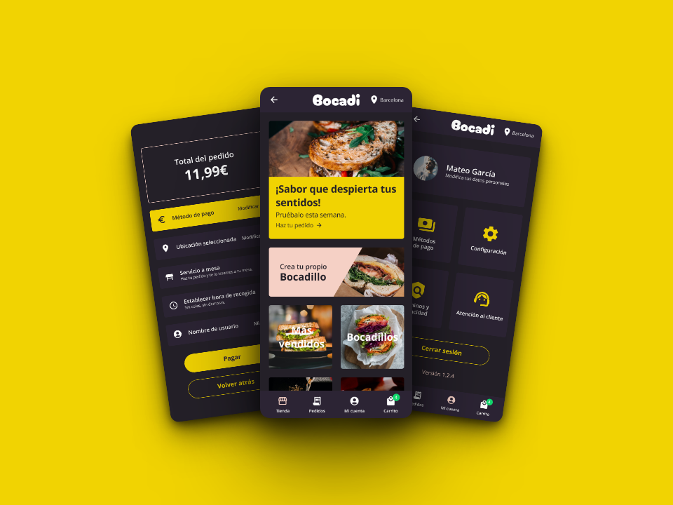 Screenshots of the final Bocadi app design