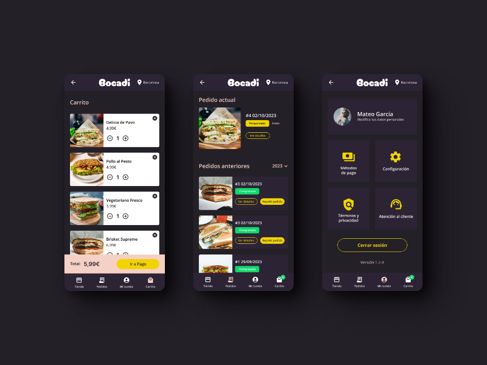 Screenshots of the cart, orders and account page