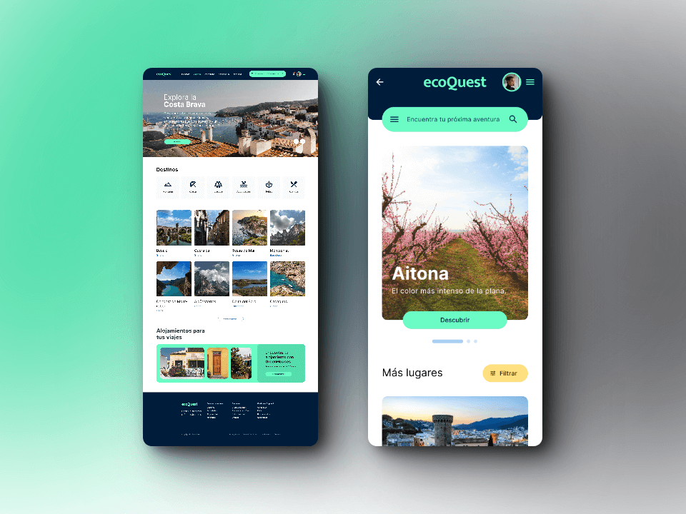 Screenshots of the destinations page