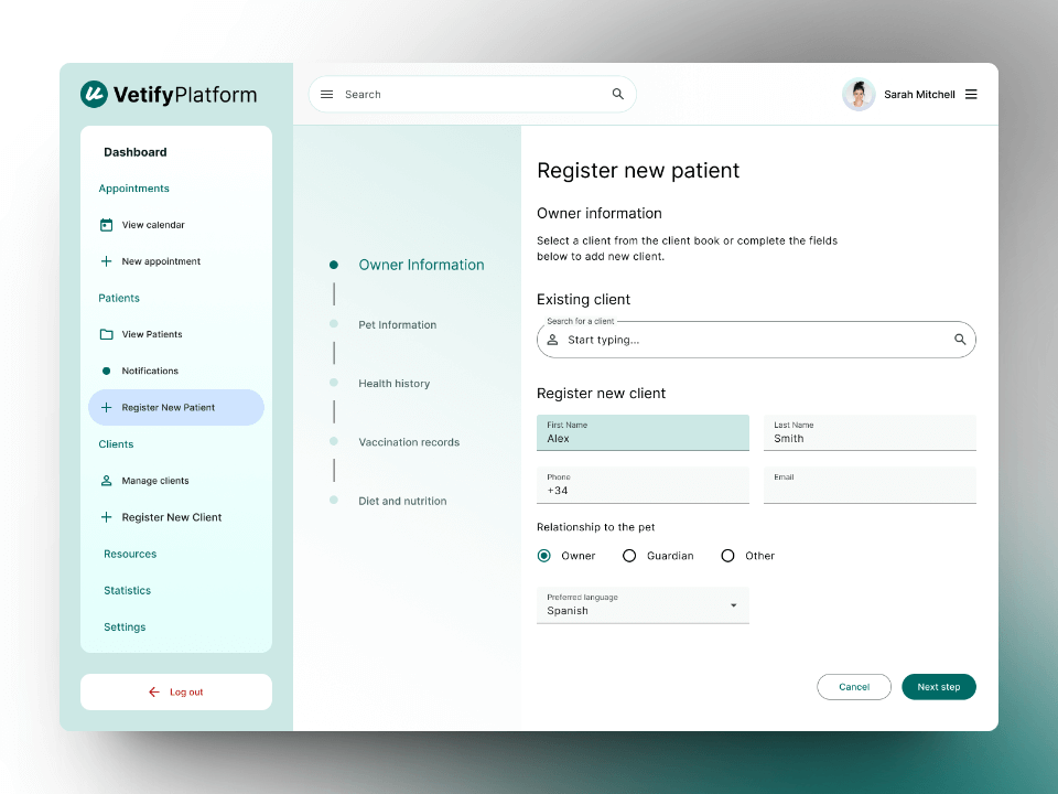 Screenshots of the owner information page