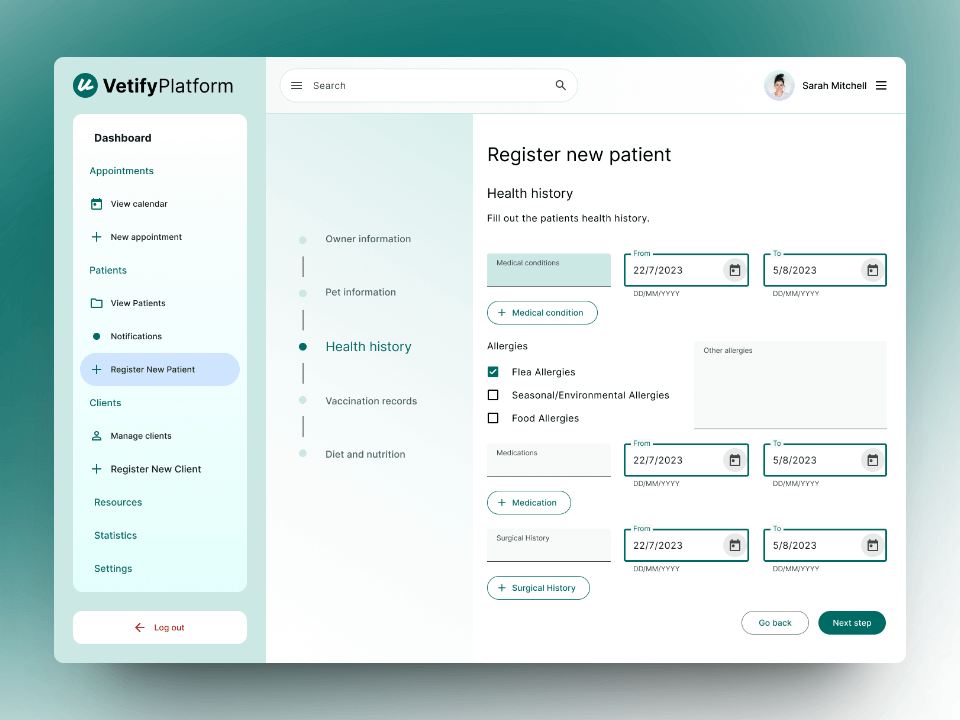 Screenshots of the health history page