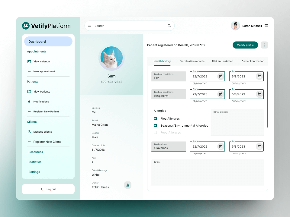Screenshots of the patient profile page