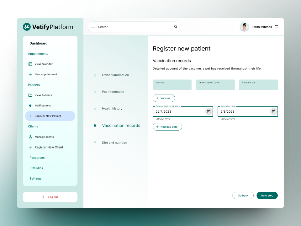 Screenshots of the vaccination records page